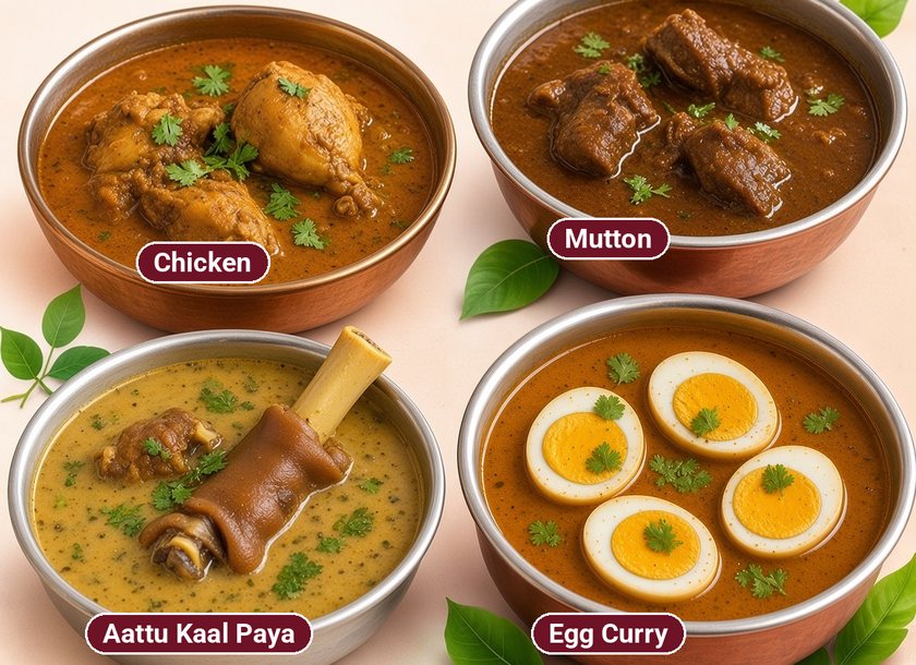 Bowls of chicken gravy, mutton curry, aattu kaal paya and egg curry