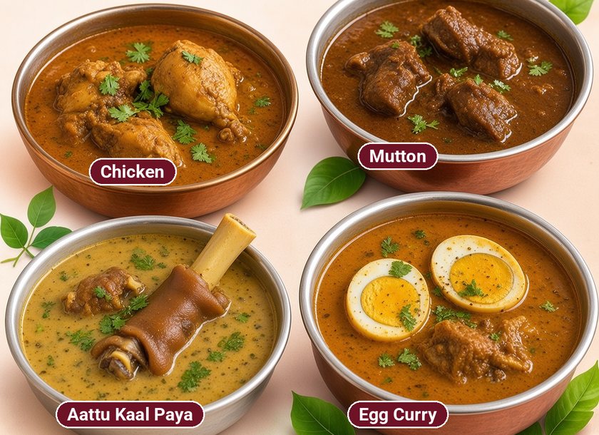 Bowls of chicken gravy, mutton curry, aattu kaal paya and egg curry