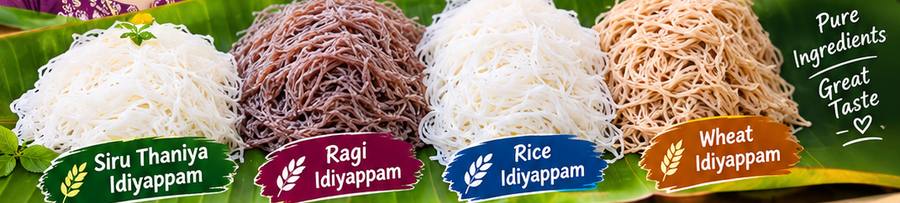 Millet, ragi, rice and wheat idiyappam on a banana leaf