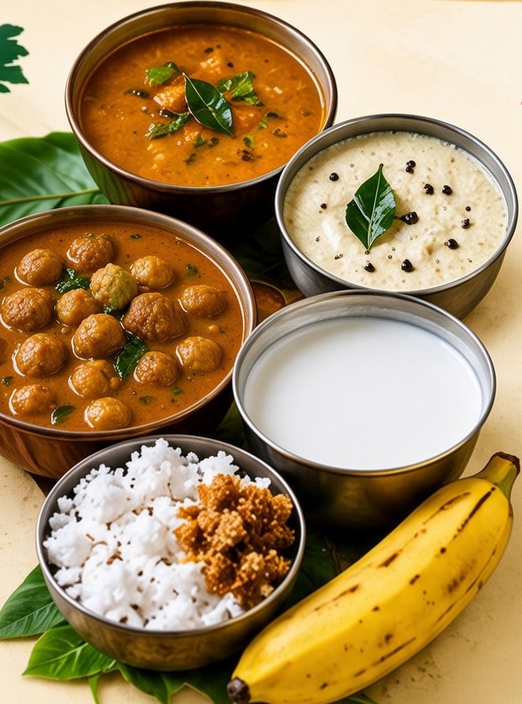 Bowls of sambar, chutney, channa curry, coconut milk, grated coconut with palm sugar, and a banana