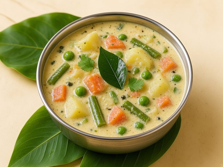 A bowl of vegetable kurma: pale coconut gravy with carrots, beans, peas and potato